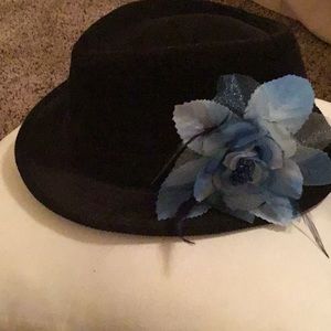 Black suede fedora hat blue flower